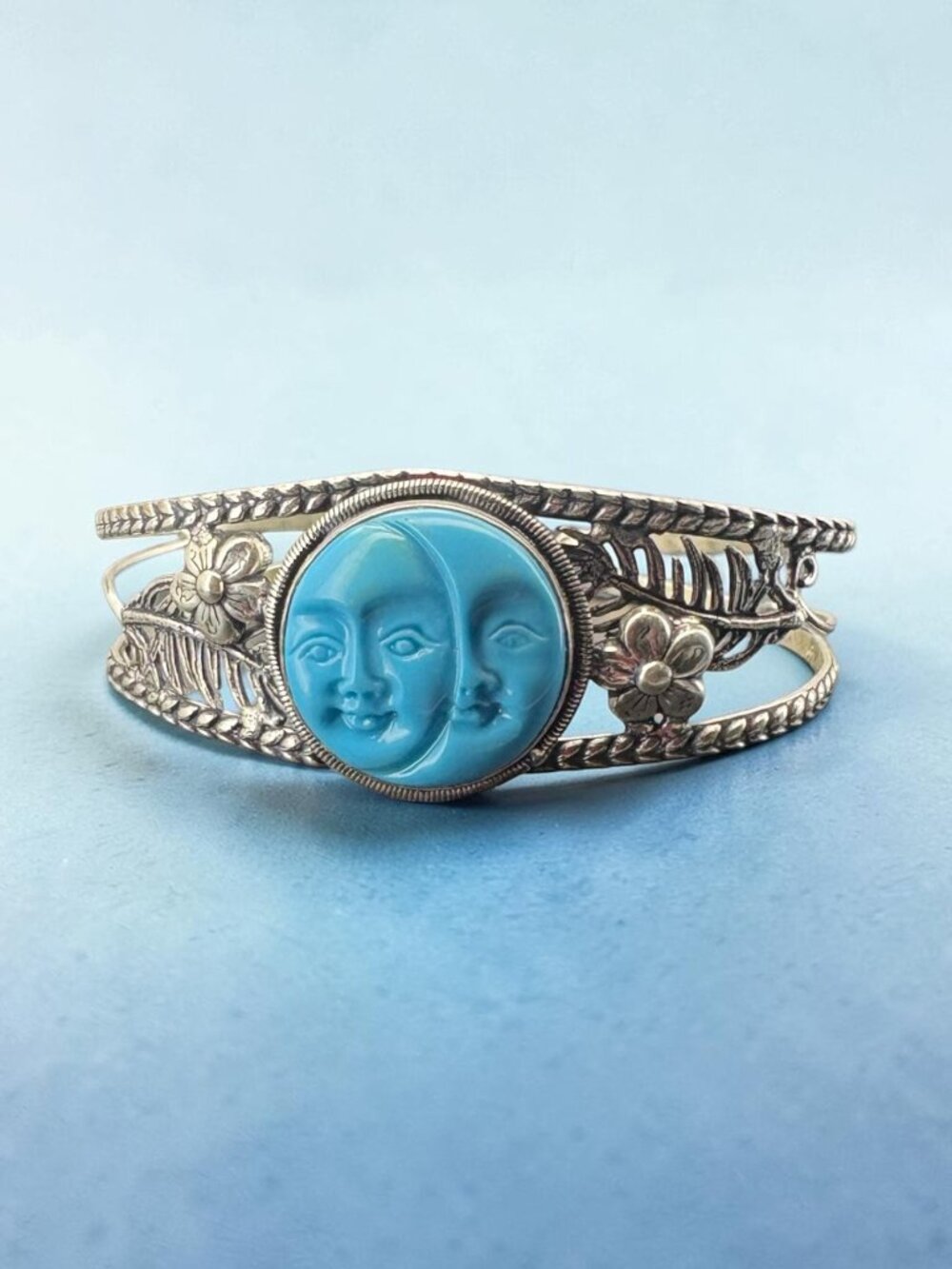Sterling Silver Dual Stone Carved Moon Faces Bangle